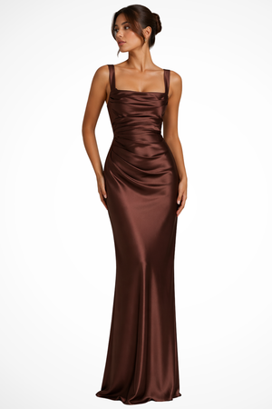 Square Neck Ruched Satin Maxi Dress for Weddings
