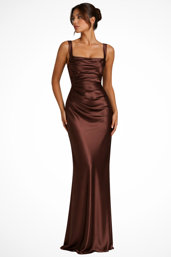 Square Neck Ruched Satin Maxi Dress for Weddings