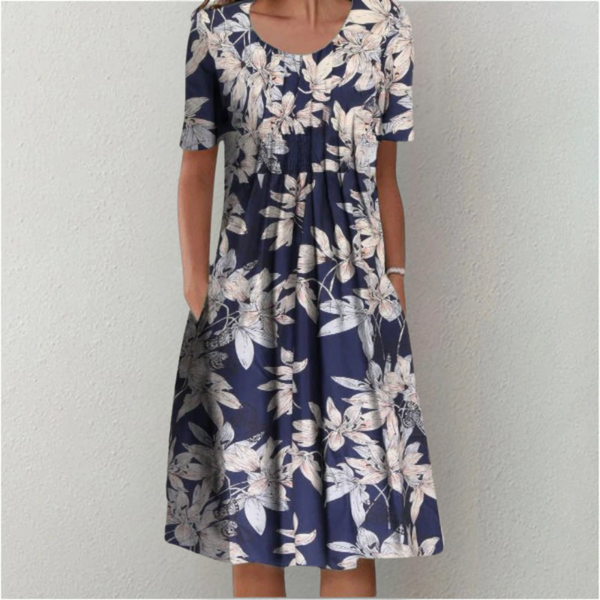 Women's Floral Print Midi Dress with Short Sleeves and Flowy Silhouette