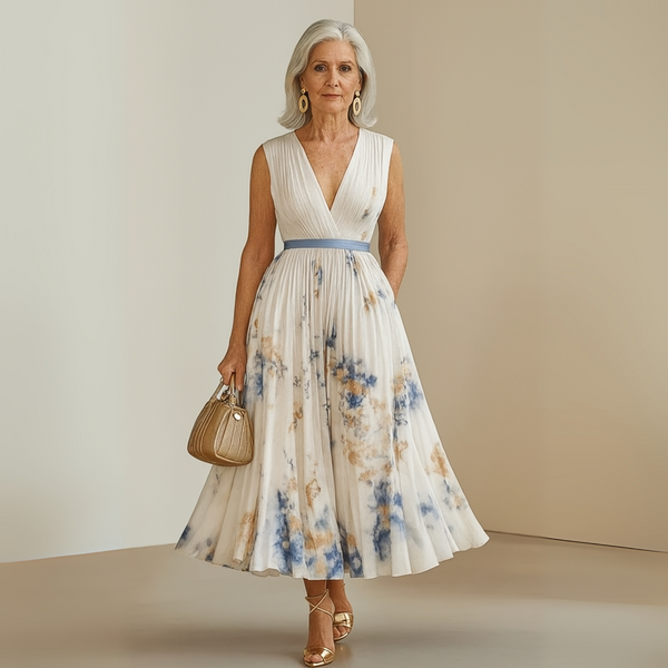 Women's Floral Print Sleeveless Midi Dress with Deep V-Neck
