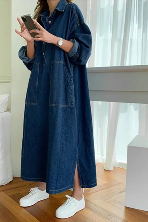Women’s Oversized Denim Maxi Shirt Dress with Button Front