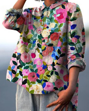Women's Watercolor Bloom Button-Up Blouse