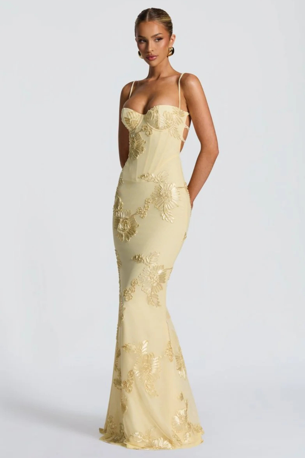 Women’s Floral Mermaid Strapless Lace-Up Back Formal Maxi Dress