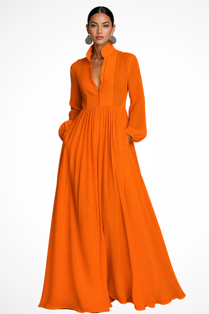 Women's Long Sleeve Button Front Maxi Dress with Pockets