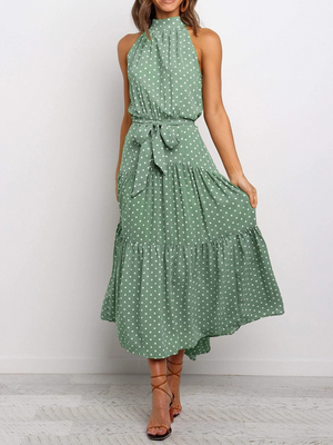 Chic Polka Dot Midi Dress - Flowy Fit-and-Flare with Waist Tie