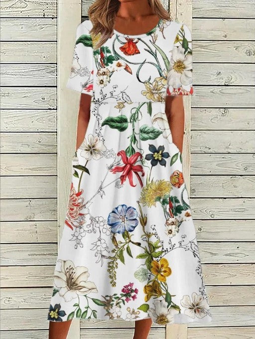 Women’s Short Sleeve Floral Print Midi Dress