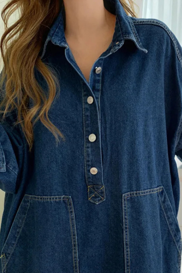 Women’s Oversized Denim Maxi Shirt Dress with Button Front