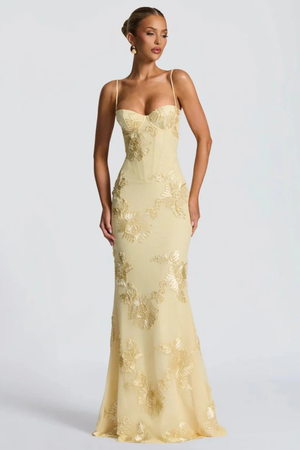Women's Floral Embroidered Strapless Corset Maxi Dress