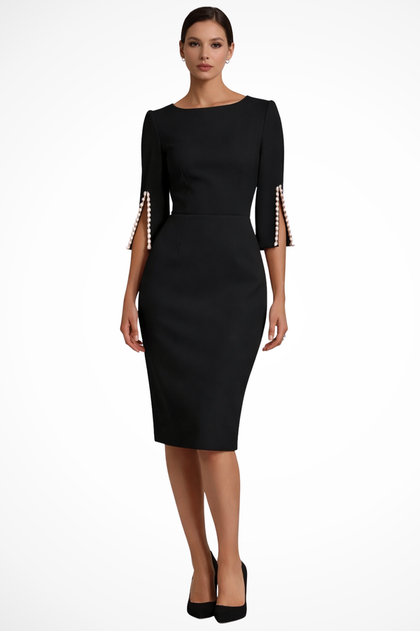 Women’s Elegant Pencil Midi Dress with Pearl Sleeve