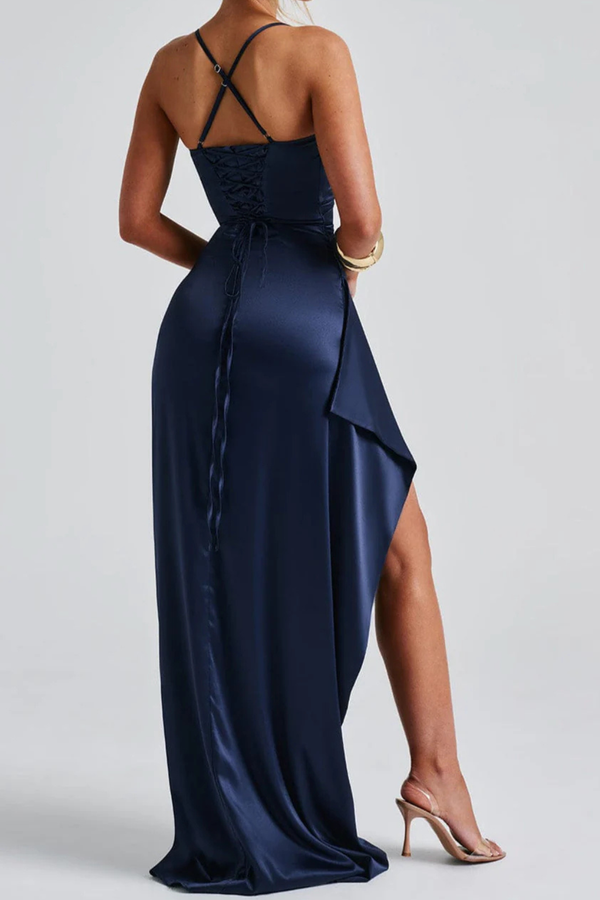 Women’s Elegant Maxi Dress with Ruched Detail and Dramatic High Slit