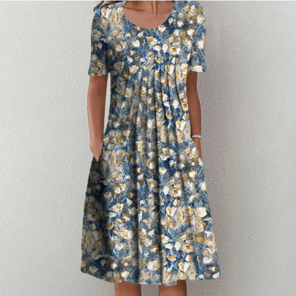 Women's Floral Print Midi Dress with Short Sleeves and Flowy Silhouette