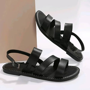 Stylish Women's Vegan Leather Flat Sandals with Triple Strap Design