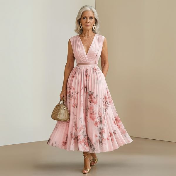 Women's Floral Print Sleeveless Midi Dress with Deep V-Neck