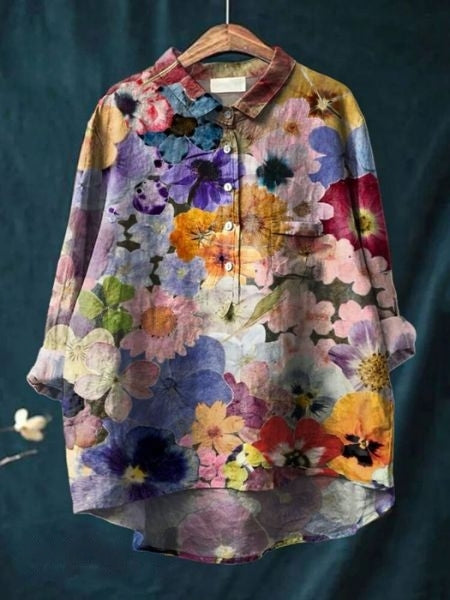 Women's Watercolor Bloom Button-Up Blouse