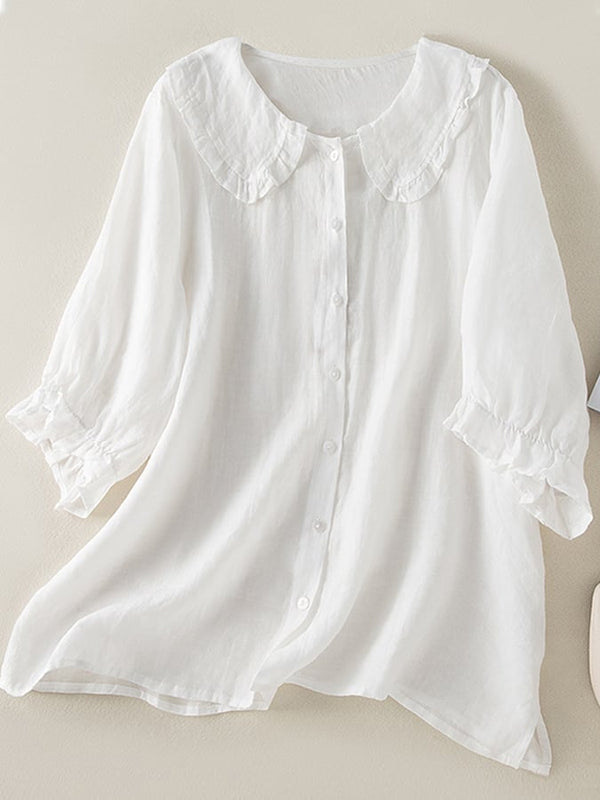 Lightweight Loose-Fit Women's Cotton Linen Shirt with Ruffled Peter Pan Collar