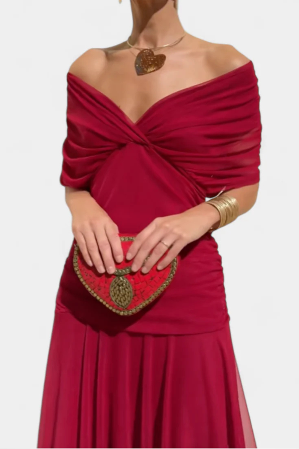 Women Pleated Off-Shoulder Draped Maxi Evening Dress