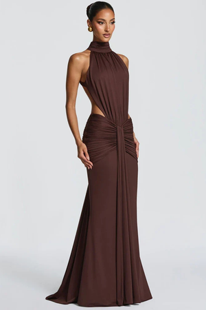 Women’s Backless Halter Ruched Bodycon Maxi Dress