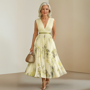 Women's Floral Print Sleeveless Midi Dress with Deep V-Neck