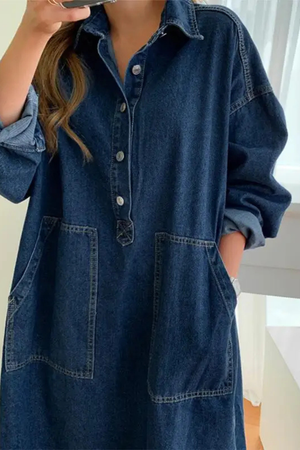Women’s Oversized Denim Maxi Shirt Dress with Button Front
