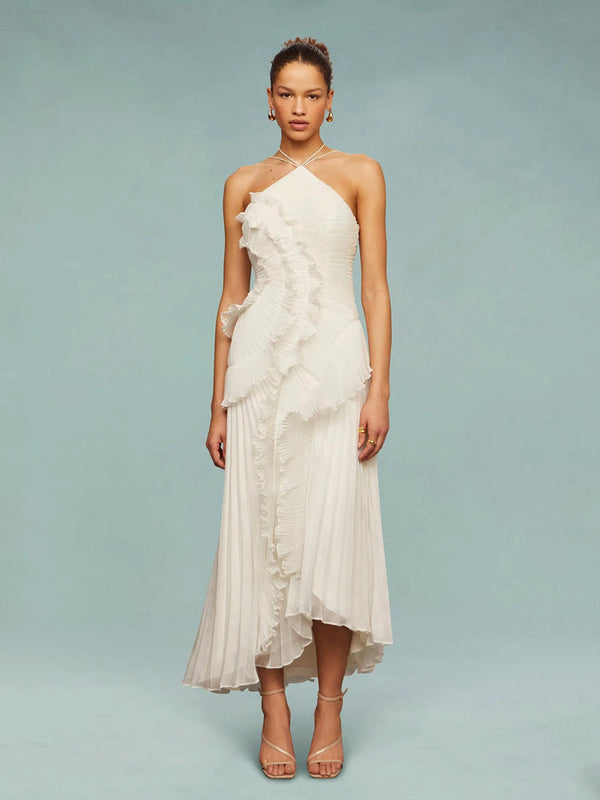 white one shoulder ruffle hem maxi dress Women's One-Shoulder Ruffle Maxi Dress with Asymmetrical Hem