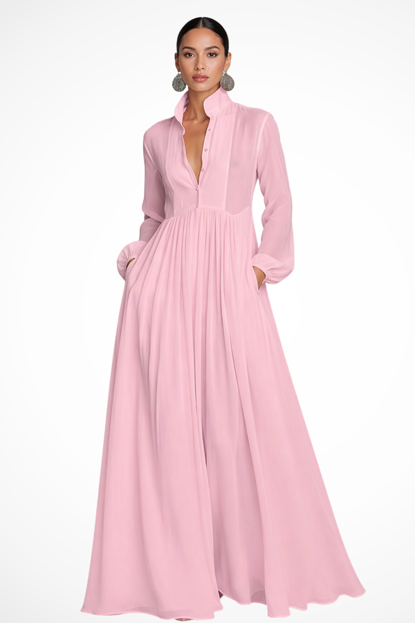 Women's Long Sleeve Button Front Maxi Dress with Pockets