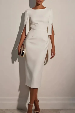 Women’s Elegant Pencil Midi Dress with Pearl Sleeve