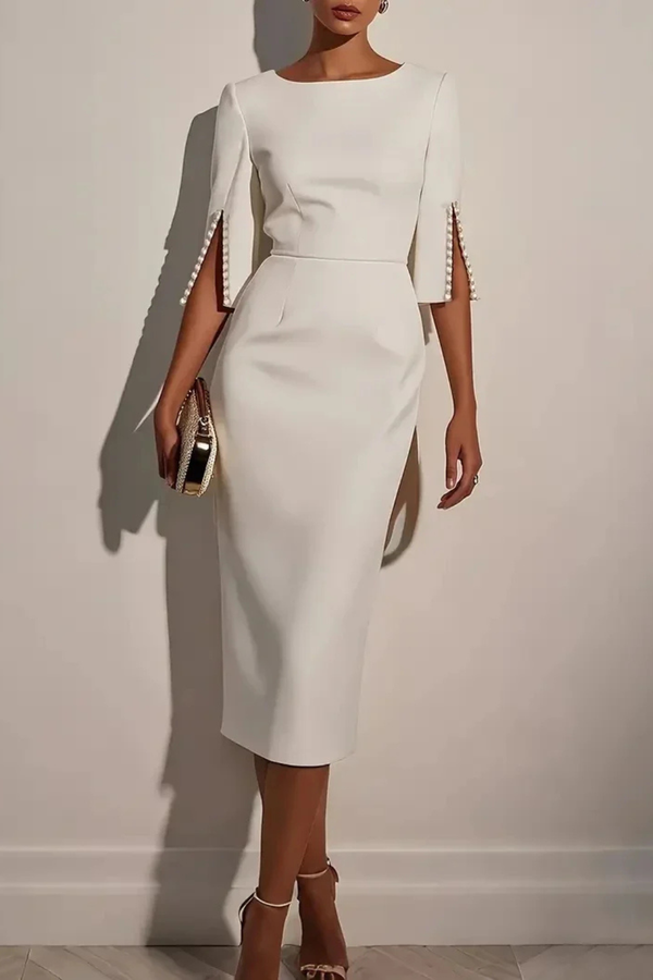 Women’s Elegant Pencil Midi Dress with Pearl Sleeve
