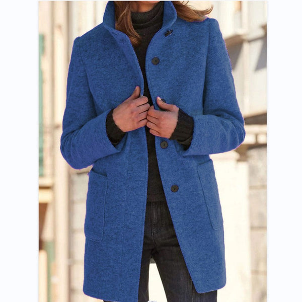 Women's Button Front Stand Collar Mid-Length Casual Coat