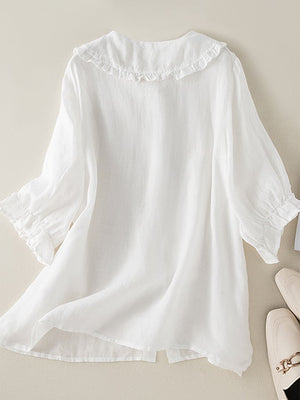 Lightweight Loose-Fit Women's Cotton Linen Shirt with Ruffled Peter Pan Collar