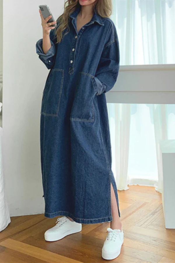 Women’s Oversized Denim Maxi Shirt Dress with Button Front
