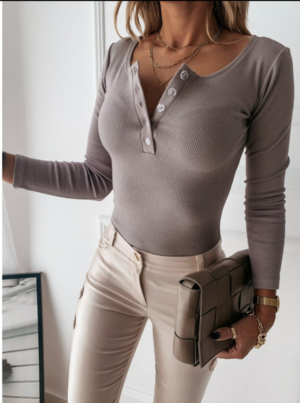 Women's Ribbed Henley Long Sleeve Top