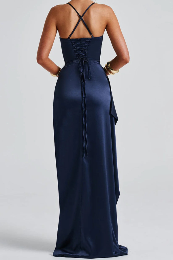 Women's Satin Ruched Maxi Dress High Slit Wedding Guest