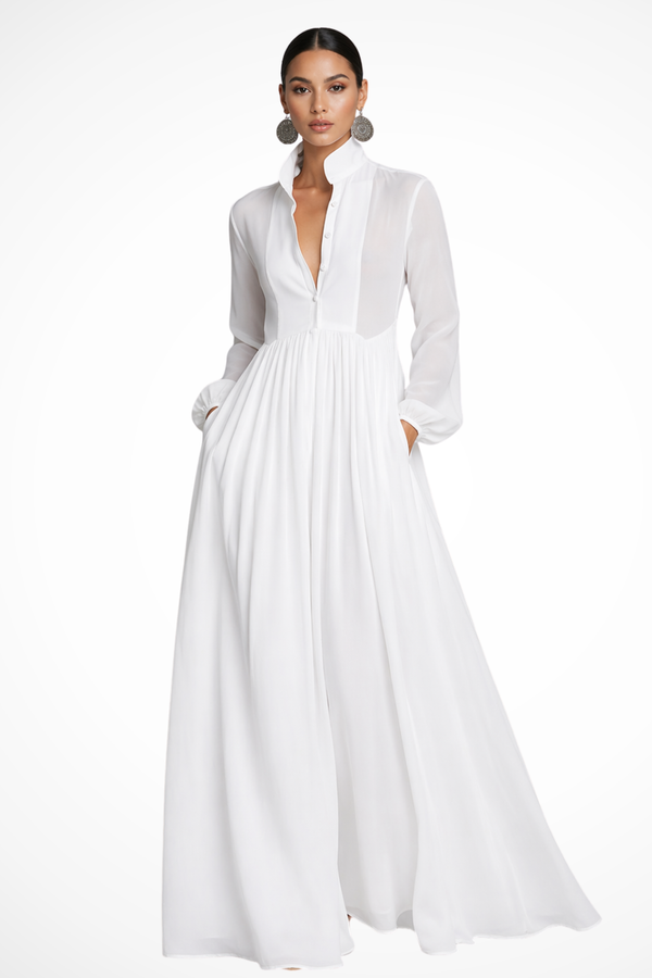 Women's Long Sleeve Button Front Maxi Dress with Pockets