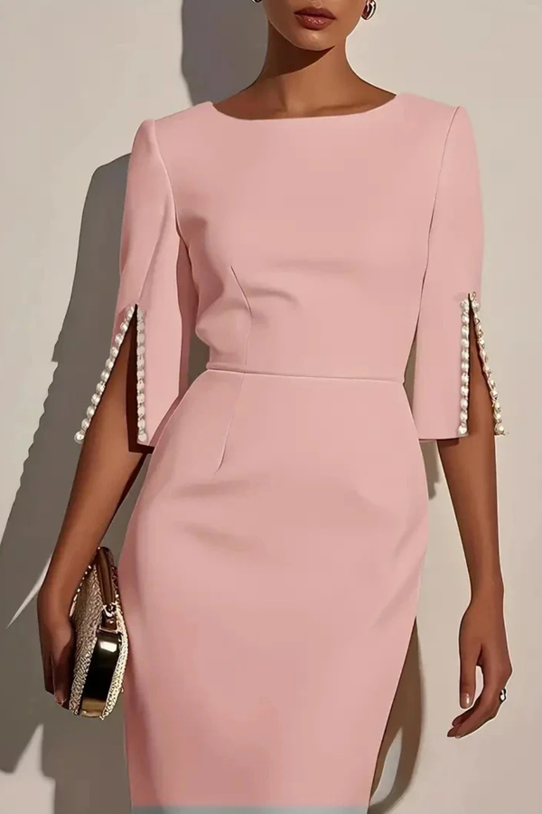 Women’s Elegant Pencil Midi Dress with Pearl Sleeve