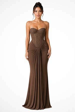 Women's Strapless Sweetheart Neck Ruched Maxi Dress