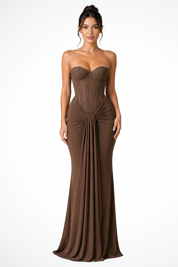 Women's Strapless Sweetheart Neck Ruched Maxi Dress