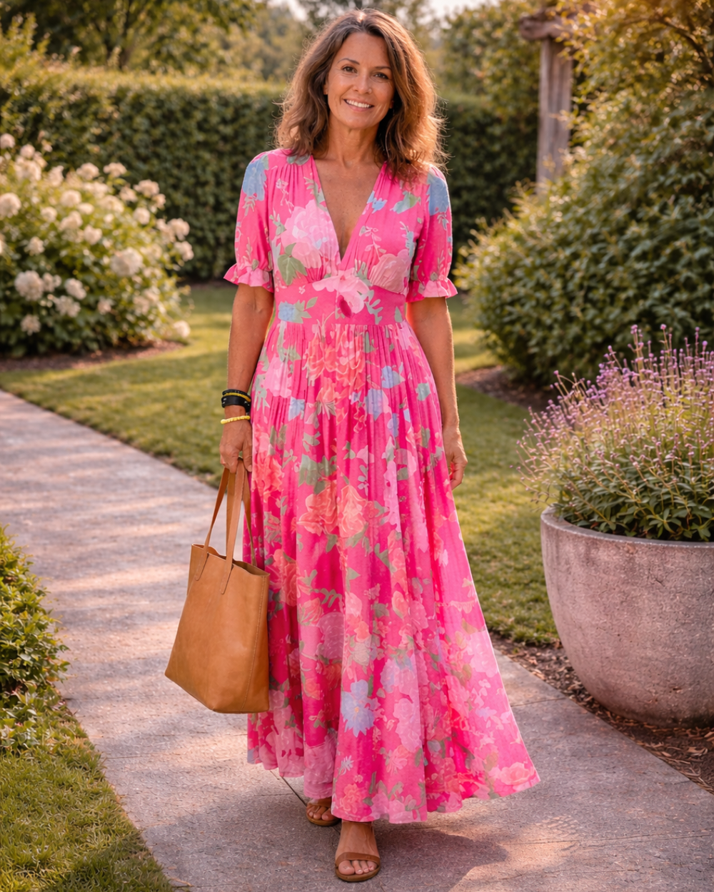 Vestido maxi con estampado floral, escote en V y mangas cortas para mujer