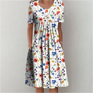 Women's Floral Print Midi Dress with Short Sleeves and Flowy Silhouette