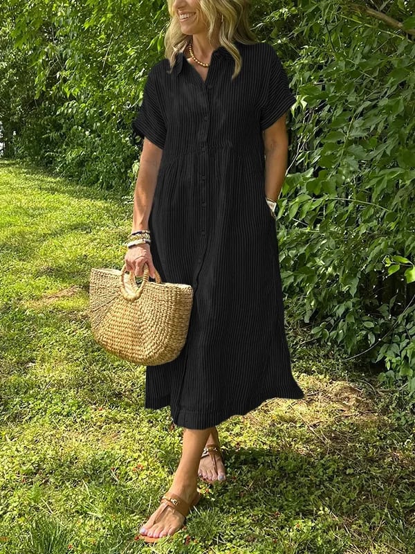 Women's Striped Button-Front Midi Dress with Relaxed Fit