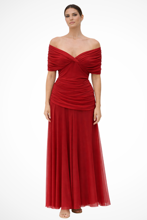 Women Pleated Off-Shoulder Draped Maxi Evening Dress
