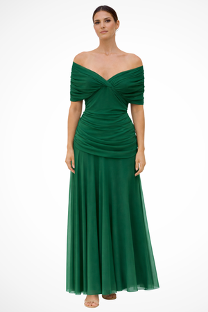 Women Pleated Off-Shoulder Draped Maxi Evening Dress