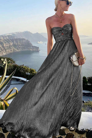 Elegant Strapless A-Line Evening Gown with Metallic Pleats