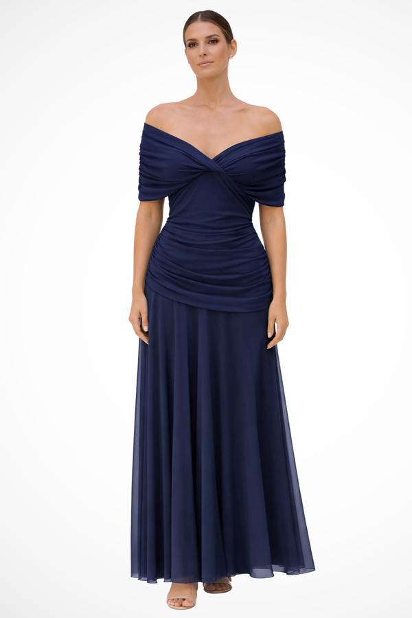 Women Pleated Off-Shoulder Draped Maxi Evening Dress