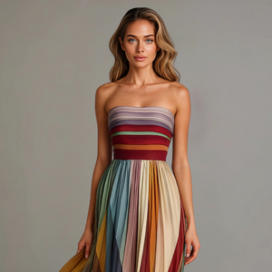 Women's Strapless Rainbow Pleated Maxi Dress