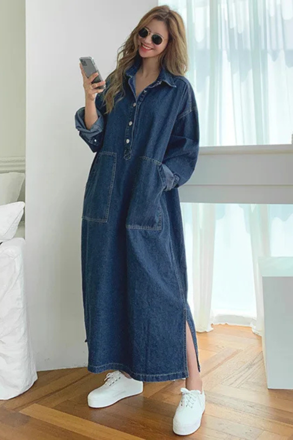 Women’s Oversized Denim Maxi Shirt Dress with Button Front