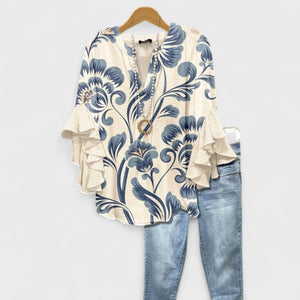Women's Bohemian Floral Blouse with Layered Ruffle Sleeves