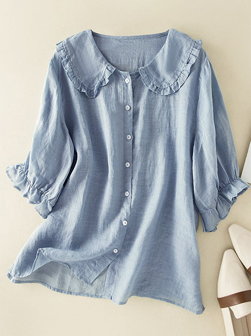 Lightweight Loose-Fit Women's Cotton Linen Shirt with Ruffled Peter Pan Collar