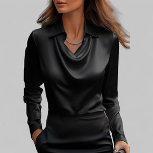 Draped Neck Satin Blouse with Long Sleeves