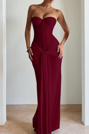 Women's Strapless Sweetheart Neck Ruched Maxi Dress