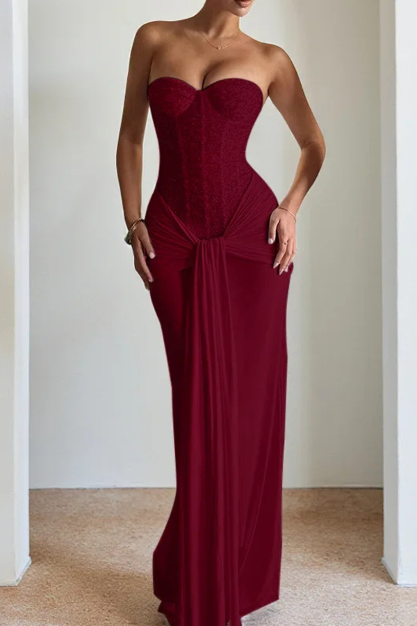 Women's Strapless Sweetheart Neck Ruched Maxi Dress